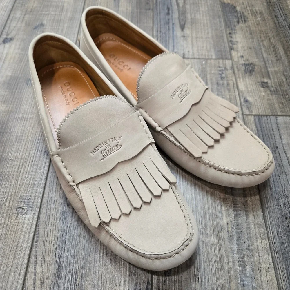 Gucci Mens Leather Kiltie Fringe Driving Loafers Moccasins Shoes Italy Commuter